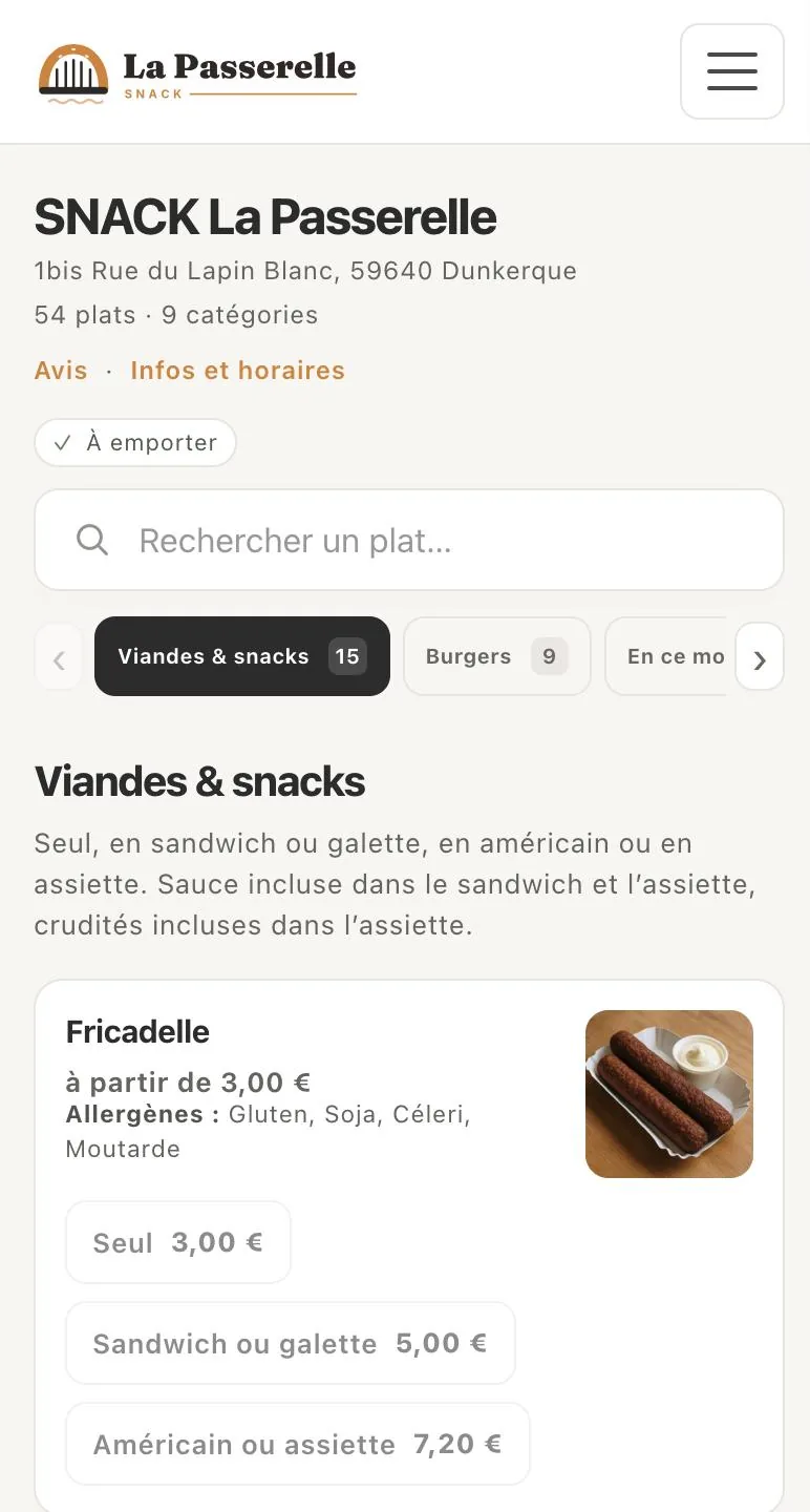 La web de SNACK La Passerelle en un teléfono: su carta online